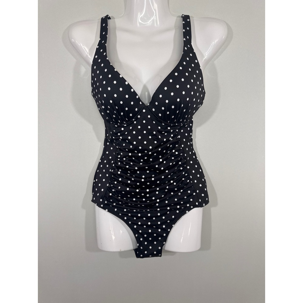 SPANX‎ Black Polka Dot One Piece Swimsuit Tummy Control Ruched Adjustable Straps